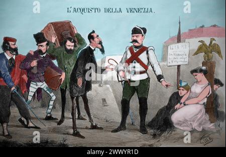 Risorgimento. Political satire. Venice still waits for freeedom. Lithography. 1865. Stock Photo