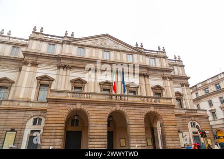 Milan, Italy - 30 March 2022: Piazza della Scala is a pedestrian central square of Milan, Italy, connected to the main square of the city. Stock Photo