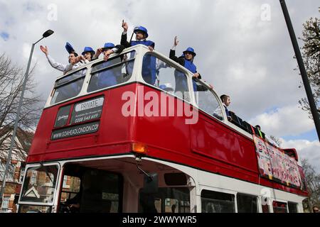 London, UK. 24th Mar, 2024. People, on a bus celebrate the annual festival of Purim in Stamford Hill, north London. Purim festival is celebrated by Jewish community around the world, commemorating it, when Jewish people were saved from Haman. It is a joyous annual festival where children dress in fancy costumes, friends and family, feast, rejoicing and exchanging food. (Credit Image: © Steve Taylor/SOPA Images via ZUMA Press Wire) EDITORIAL USAGE ONLY! Not for Commercial USAGE! Stock Photo