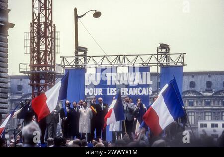 Archive image of French far-right politician Jean-Marie Le Pen, president of the Front National, at a 1993 May Day rally in the Rue de Rivoli, Paris. Stock Photo