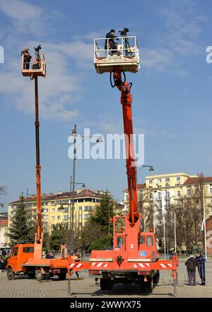 Ruthmann bucket trucks with cameramen at St. Alexander Nevsky Cathedral for live coverage of the funeral of Patriarch Neophyte in Sofia, Bulgaria Stock Photo