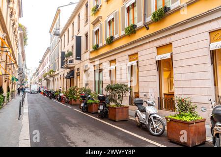 Milan, Italy - March 30: The Quadrilatero della moda or Via Montenapoleone is a high-class shopping district in the centre  of Milan, Italy. Stock Photo