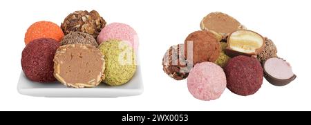A variety of different truffles in a ceramic bowl Isolated on a white background Stock Photo