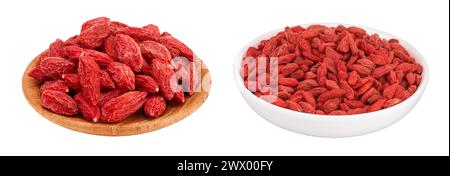 Dried goji berries in wooden bowl isolated on white background with full depth of field Stock Photo