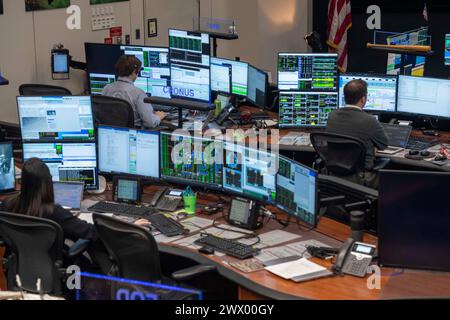 Houston Texas USA, March 26, 2024: Overall view of the Mission Control Center at the Johnson Space Center, where NASA flight control specialists continually monitor the International Space Station in orbit around the earth. Credit: Bob Daemmrich/Alamy Live News Stock Photo
