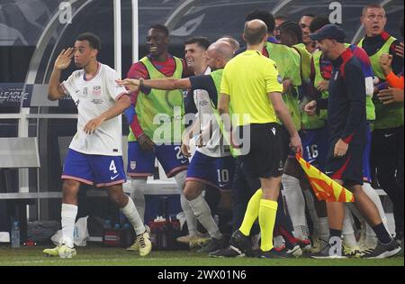 Arlington, Texas, USA. 24th Mar, 2024. March 24, 2024, Arlington, Texas: United States midfielder Tyler Adams celebrates after scoring a goal during the Concacaf Nations League Final played at AT&T Stadium. on March 24, 2024, Arlington, Texas. United States won Mexico the Finals 2-0. (Credit Image: © Javier Vicencio/eyepix via ZUMA Press Wire) EDITORIAL USAGE ONLY! Not for Commercial USAGE! Stock Photo