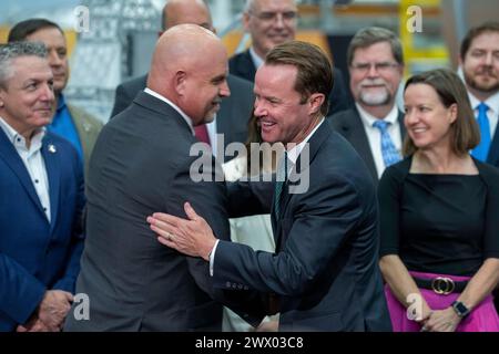 Houston, Tx, USA. 26th Mar, 2024. Texas House Speaker DADE PHELAN, r, greets Texas Space Commission member DAN MORRISON, l, at the Johnson Space Center in Houston on March 26, 2024. (Credit Image: © Bob Daemmrich/ZUMA Press Wire) EDITORIAL USAGE ONLY! Not for Commercial USAGE! Stock Photo