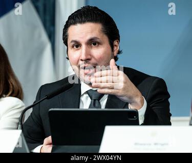New York City, United States. 26th Mar, 2024. Fabien Levy, New York City Deputy Mayor for Communications, speaks at a press conference at City Hall in New York City. Credit: SOPA Images Limited/Alamy Live News Stock Photo