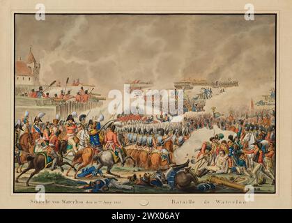 Vintage Art Print:  The Battle of Waterloo 18th of June 1815. Engraving, etching, coloured.  Publisher: Artaria et Comp. Stock Photo