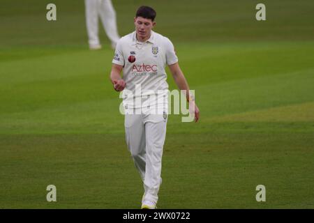 Chester le Street, 26 March 2024. Matthew Potts bowling for Durham Cricket against Durham UCCE in a pre season match at Seat Unique Riverside. Credit: Colin Edwards/Alamy Live News Stock Photo