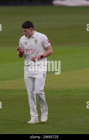 Chester le Street, 26 March 2024. Matthew Potts bowling for Durham Cricket against Durham UCCE in a pre season match at Seat Unique Riverside. Credit: Colin Edwards/Alamy Live News Stock Photo