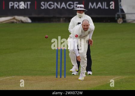 Chester le Street, 26 March 2024. Ben Raine bowling for Durham Cricket against Durham UCCE in a pre season match at Seat Unique Riverside. Credit: Colin Edwards/Alamy Live News Stock Photo