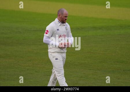 Chester le Street, 26 March 2024. Ben Raine bowling for Durham Cricket against Durham UCCE in a pre season match at Seat Unique Riverside. Credit: Colin Edwards/Alamy Live News Stock Photo