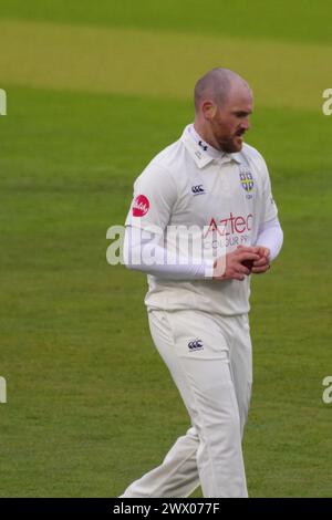 Chester le Street, 26 March 2024. Ben Raine bowling for Durham Cricket against Durham UCCE in a pre season match at Seat Unique Riverside. Credit: Colin Edwards/Alamy Live News Stock Photo