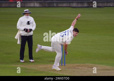 Chester le Street, 26 March 2024. Matthew Potts bowling for Durham Cricket against Durham UCCE in a pre season match at Seat Unique Riverside. Credit: Colin Edwards/Alamy Live News Stock Photo