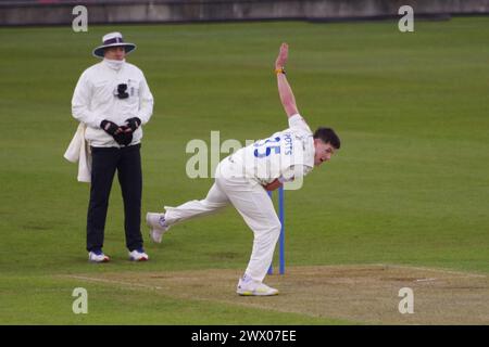 Chester le Street, 26 March 2024. Matthew Potts bowling for Durham Cricket against Durham UCCE in a pre season match at Seat Unique Riverside. Credit: Colin Edwards/Alamy Live News Stock Photo