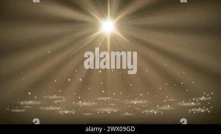 Spotlights Shining with Gold Flying Particles, Widescreen Background, Vector Illustration Stock Vector