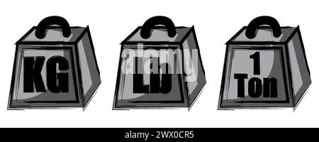 Cartoon style black and white weights in KG, Lb and 1 ton.  Healthy living element or concept Stock Vector