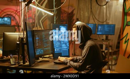Hackers found by cybercriminal law enforcement able to get past their usage of anonymity tools to mask online identity. Criminals in hideout running from police after hacking into servers Stock Photo
