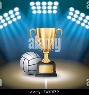 Volleyball Championship with Golden Trophy and Volleyball with Illuminated Spotlight, Vector Illustration Stock Vector