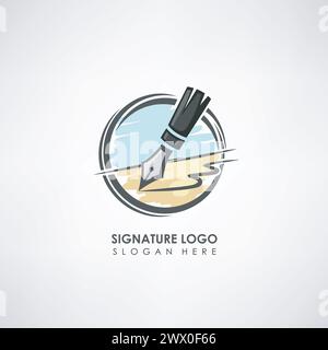 Signature Concept Logo Template with Pen Drawing. Label Template For Signature to The Treaty Or Company Symbol, Vector Illustration Stock Vector