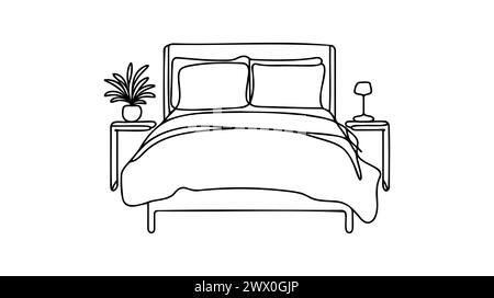 Continuous line drawing of double bed. Modern loft furniture for the bedroom in a minimalist single-line style. vector illustration in doodle style. Stock Vector