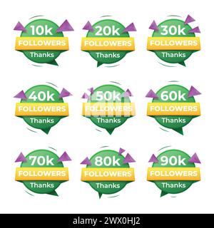 Set of thank you followers label badge with green and yellow color theme. 10k, 50k, 100k, 500k, 1M, 2M, 5M, 10M, 15M followers. Vector greeting Stock Vector