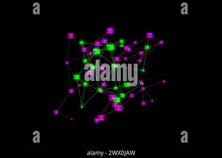 Futuristic cube network, polygon in purple and green. Cubes polygon network illuminated in purple and green. Abstract plexus, science, connections, wi Stock Photo