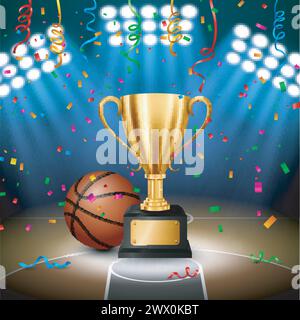 Basketball Championship with Golden Trophy with Falling Confetti and Illuminated Spotlight, Vector Illustration Stock Vector