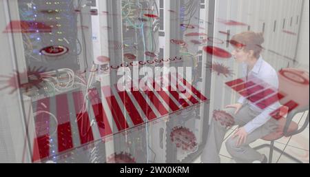 Image of data processing over caucasian female worker in server room. Global technology and digital interface concept digitally generated image. Stock Photo