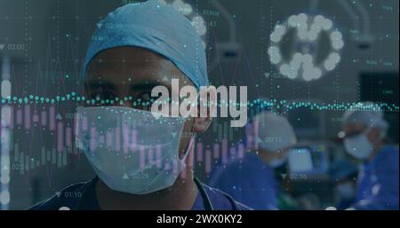 Image of medical data processing over female caucasian surgeon in operating portrait of in numbers. Global covid pandemic and healthcare services conc Stock Photo