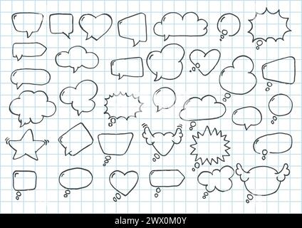 Artistic Collection of Hand Drawn Doodle Style Comic Balloon, Cloud, Heart Shaped Design Elements. Isolated and Real Pen Sketch, Vector Illustration Stock Vector