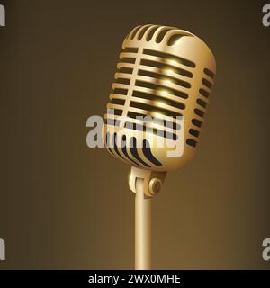 Vintage Golden Studio Microphone Isolated on Dark Background, Vector Illustration Stock Vector