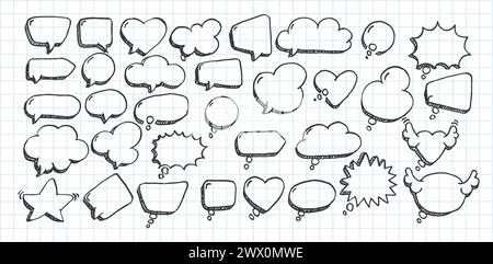 Artistic Collection of Hand Drawn Doodle Style Comic Balloon, Cloud, Heart Shaped Design Elements. Isolated and Real Pen Sketch, Vector Illustration Stock Vector