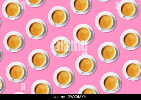 Seamless pattern a large group of coffee cups placed in a pop art repeated pattern against a pink background, a high-quality studio shot Stock Photo