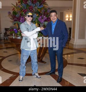 Beverly Hills, California, USA. 25th March, 2024. Actor Lev Cameron and TV host Joey Zhou meet at the Beverly Wilshire, A Four Seasons Hotel, in Beverly Hills, California. Credit: Sheri Determan Stock Photo