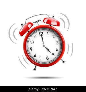 Realistic Red Alarm Clock Ringing, Isolated on White Background, Vector Illustration Stock Vector