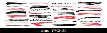 Doodle vector hand drawn scribble, strikethrough, charcoal wavy underline and crayon strokes. Black and red grunge pencil highlight lines, chalk squiggles and marker strip isolated on white background Stock Vector