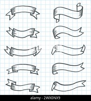 Artistic Collection of Hand Drawn Banners Set. Isolated and Real Pen Sketch, Vector Illustration Stock Vector