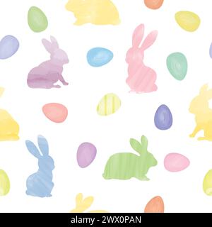 Easter seamless gentle vector pattern with bunnies and easter eggs over white background. Easter holiday decor for website, package, greeting card des Stock Vector