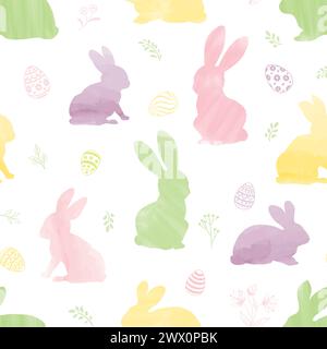 Vector seamless gentle pattern with flowers, bunnies, and easter eggs on white background. Easter holiday decor for website, package, greeting card de Stock Vector