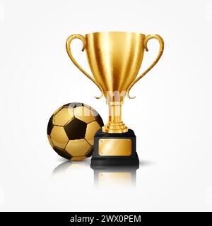 Realistic Golden Trophy with Soccer Ball, Isolated on White Background, Vector Illustration Stock Vector