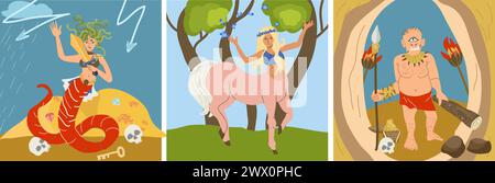 Mythical creatures set of three square compositions with doodle style characters of gorgon centaur and cyclops vector illustration Stock Vector