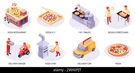 Isometric pizza set of isolated compositions with circle spots and icons of delivery vehicles with employees vector illustration Stock Vector