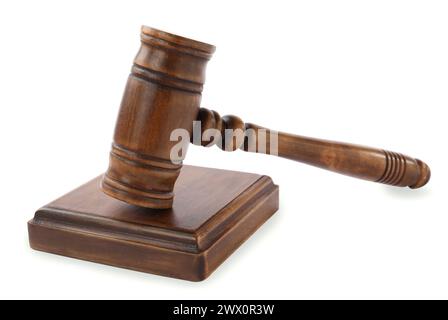 Wooden gavel isolated on white. Small mallet Stock Photo