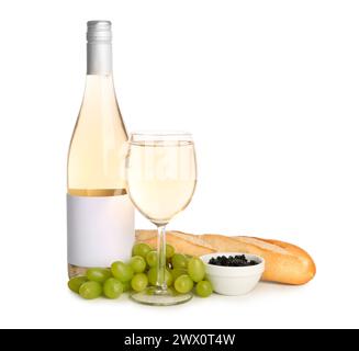 Bottle and glass of exquisite wine, grapes, black caviar and bread on white background Stock Photo