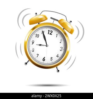 Realistic Golden Alarm Clock Ringing, Isolated on White Background, Vector Illustration Stock Vector
