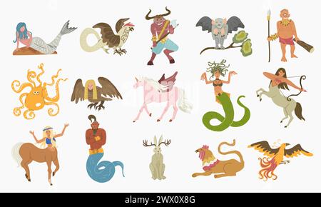 Mythical creatures flat set with isolated doodle style images of ancient fairytale fantasies on blank background vector illustration Stock Vector