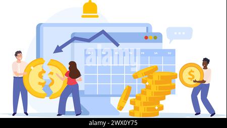 Financial instability flat icons composition with doodle workers separating coin with downward stocks graph and reminder vector illustration Stock Vector