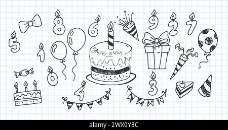 Artistic Collection of Hand Drawn Birthday Set. Isolated and Real Pen Sketch, Vector Illustration Stock Vector